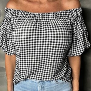 Plaid off the shoulder blouse